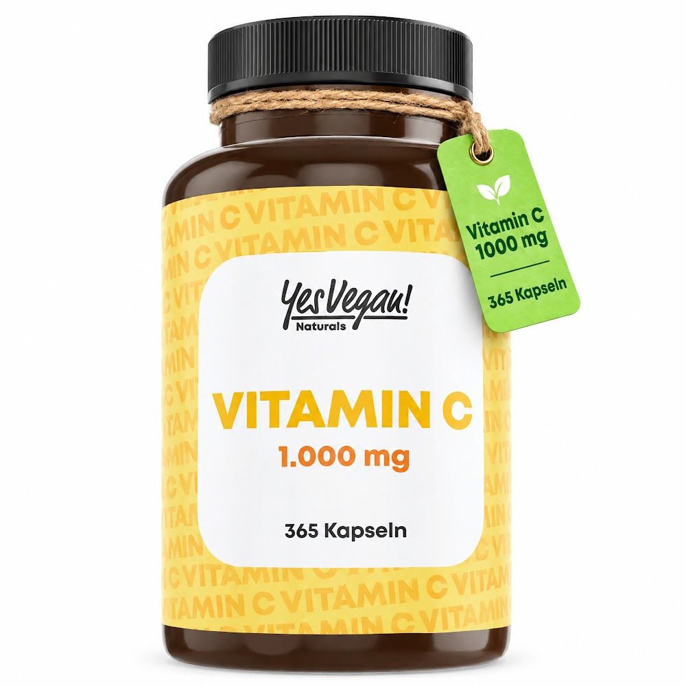 Flacon brun de 365 gélules de Vitamine C 1000 mg. Marque : Yes Vegan! Naturals.