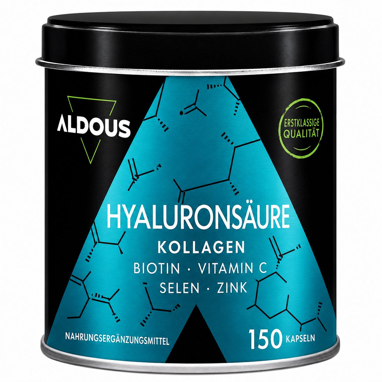 Boîte Aldous avec acide hyaluronique, collagène, biotine, vitamine C, sélénium, zinc. 150 gélules.
