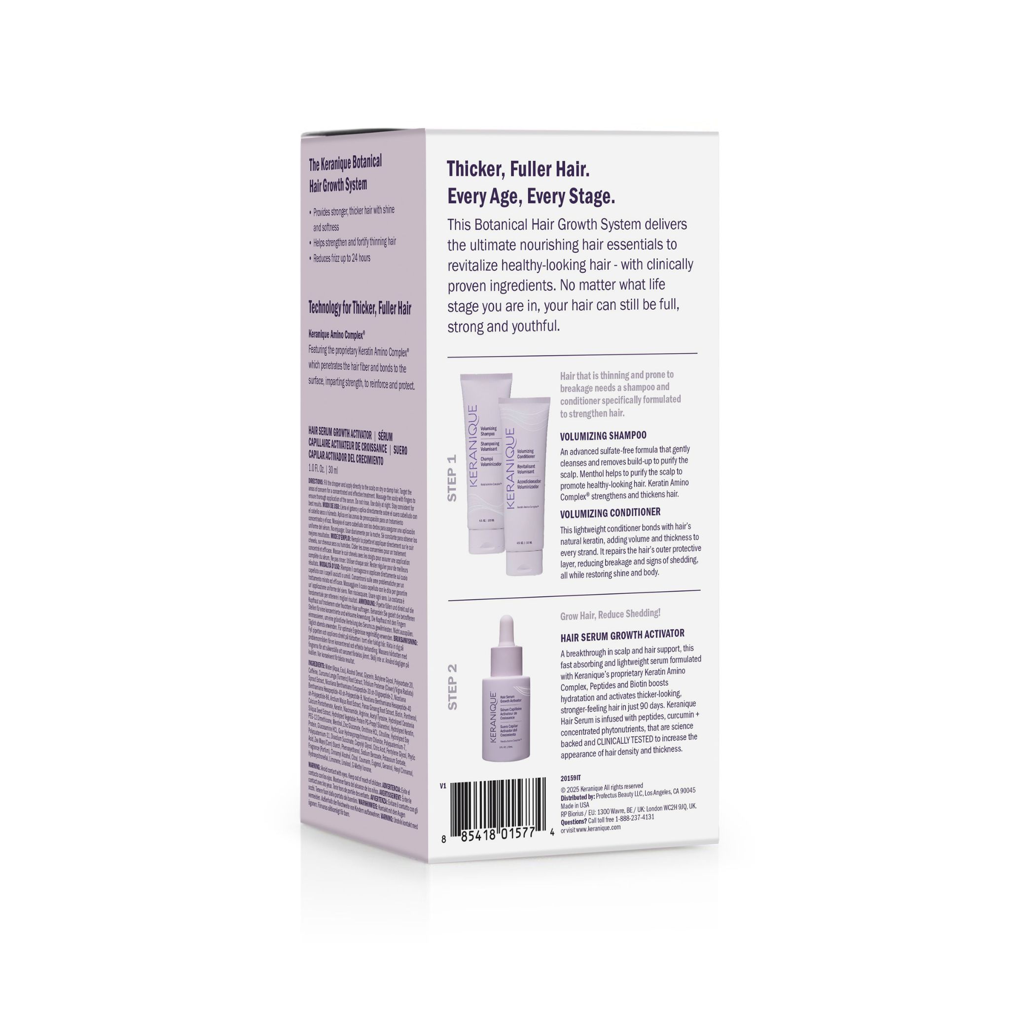 Dos de la boîte Keranique. Contient des informations sur le produit et des images des produits.