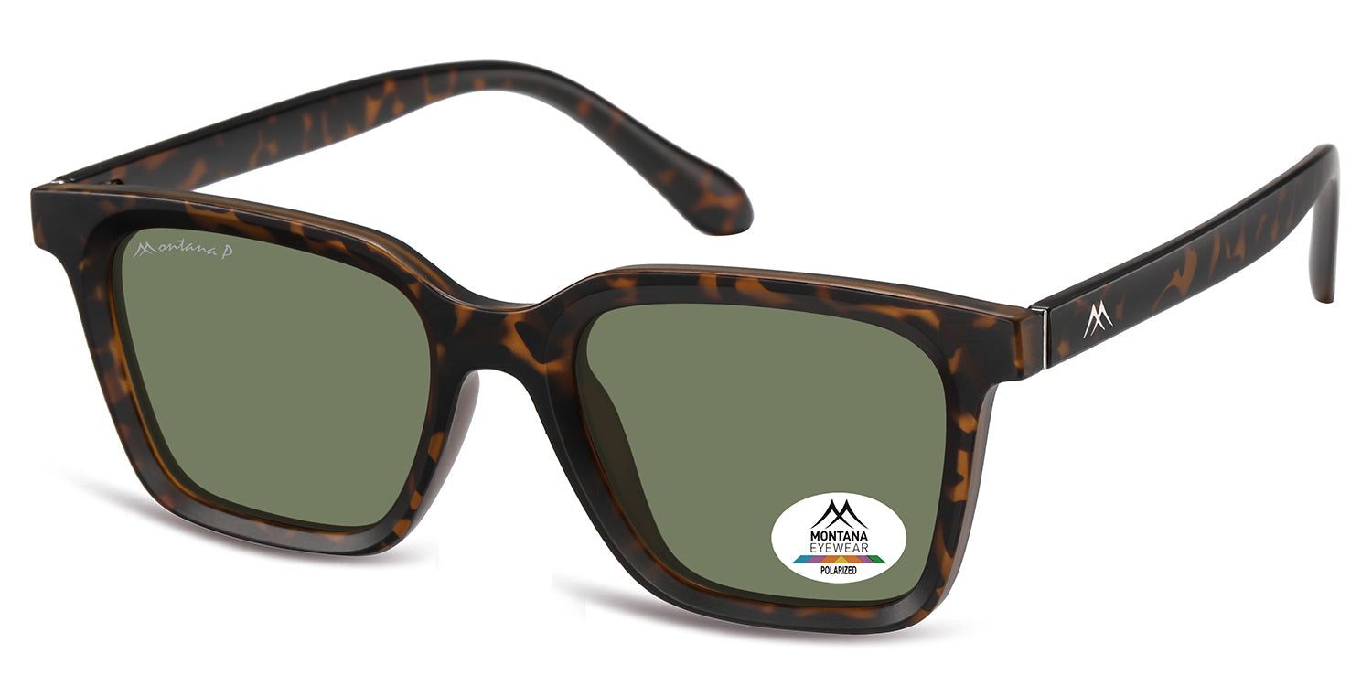 Lunettes de soleil avec monture marron et verres verts. Le logo Montana Eyewear est visible sur une lentille.