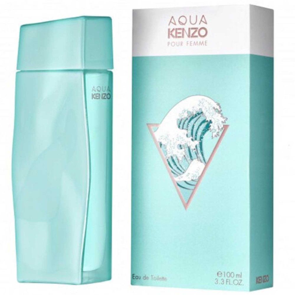 Flacon et boîte turquoise. Boîte avec motif de vagues et logo AQUA KENZO.