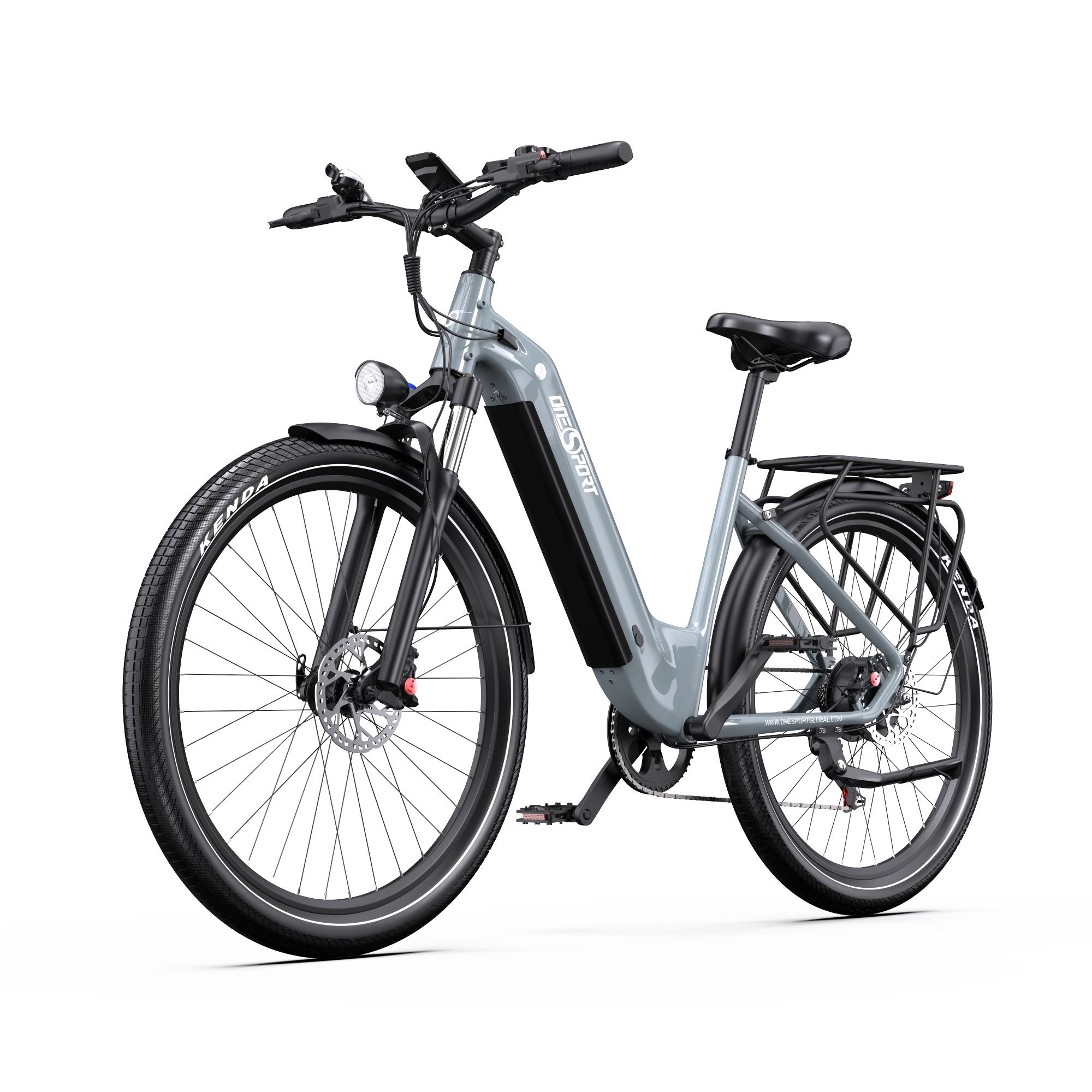 Vélo électrique gris, vue diagonale. Porte-bagages, selle et pneus noirs. Marque ONESPORT.