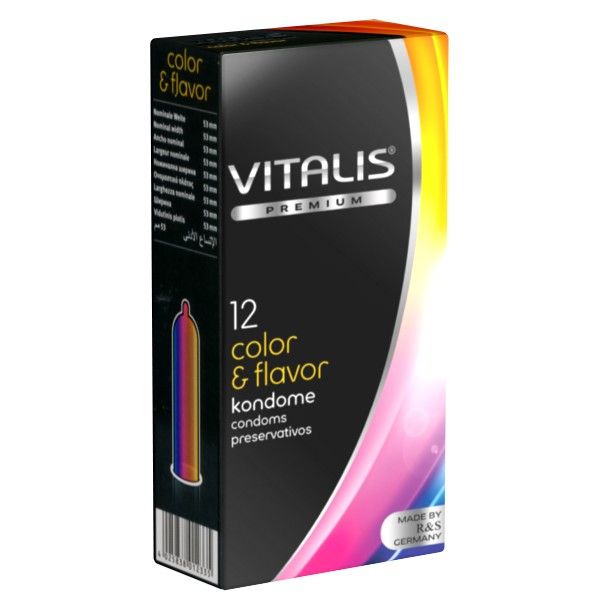 Boîte de 12 préservatifs VITALIS "color & flavor". Illustration d'un préservatif aux couleurs de l'arc-en-ciel.