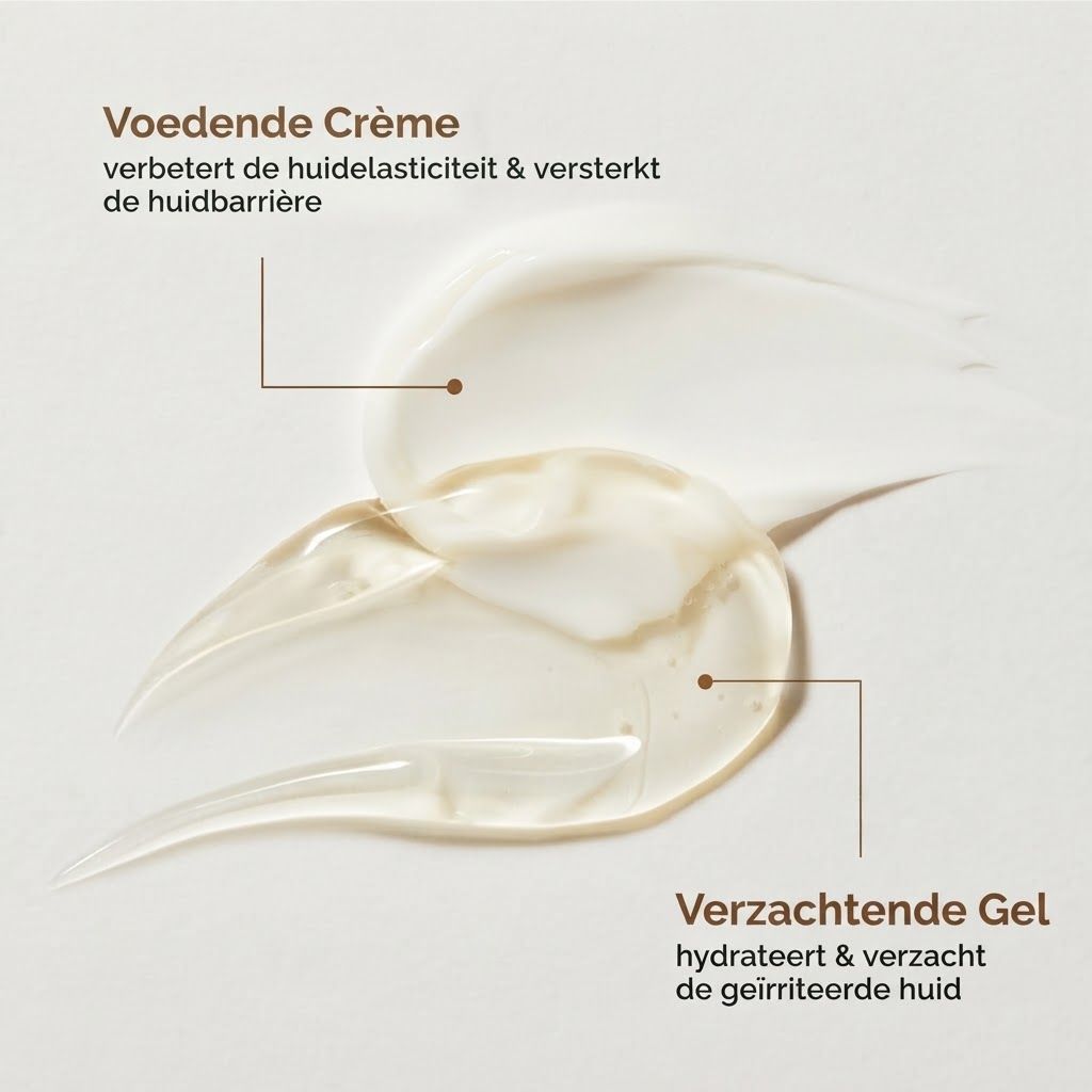 Twee crèmestalen: een voedende crème en een verzachtende gel.