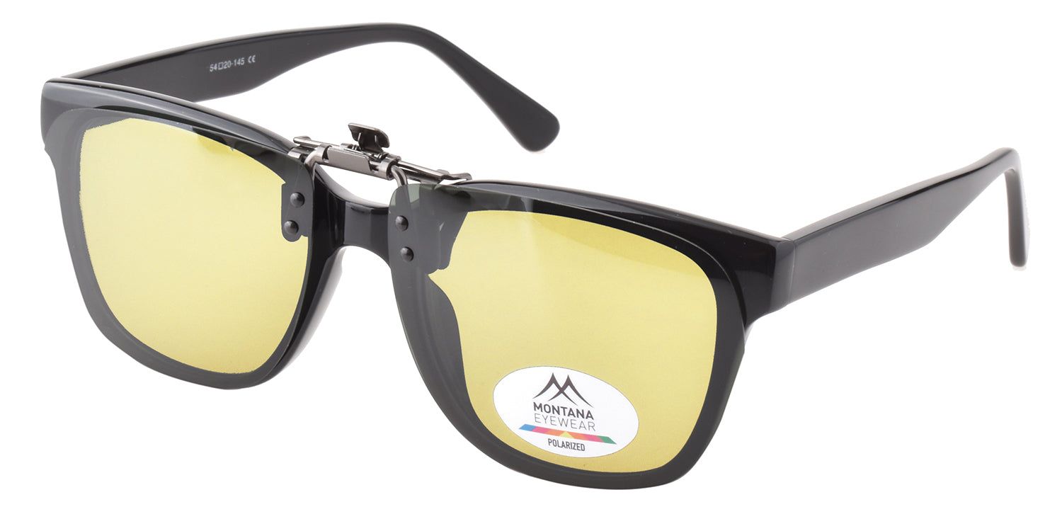 Lunettes noires avec clip-on jaune. Logo Montana Eyewear et étiquette polarisée.