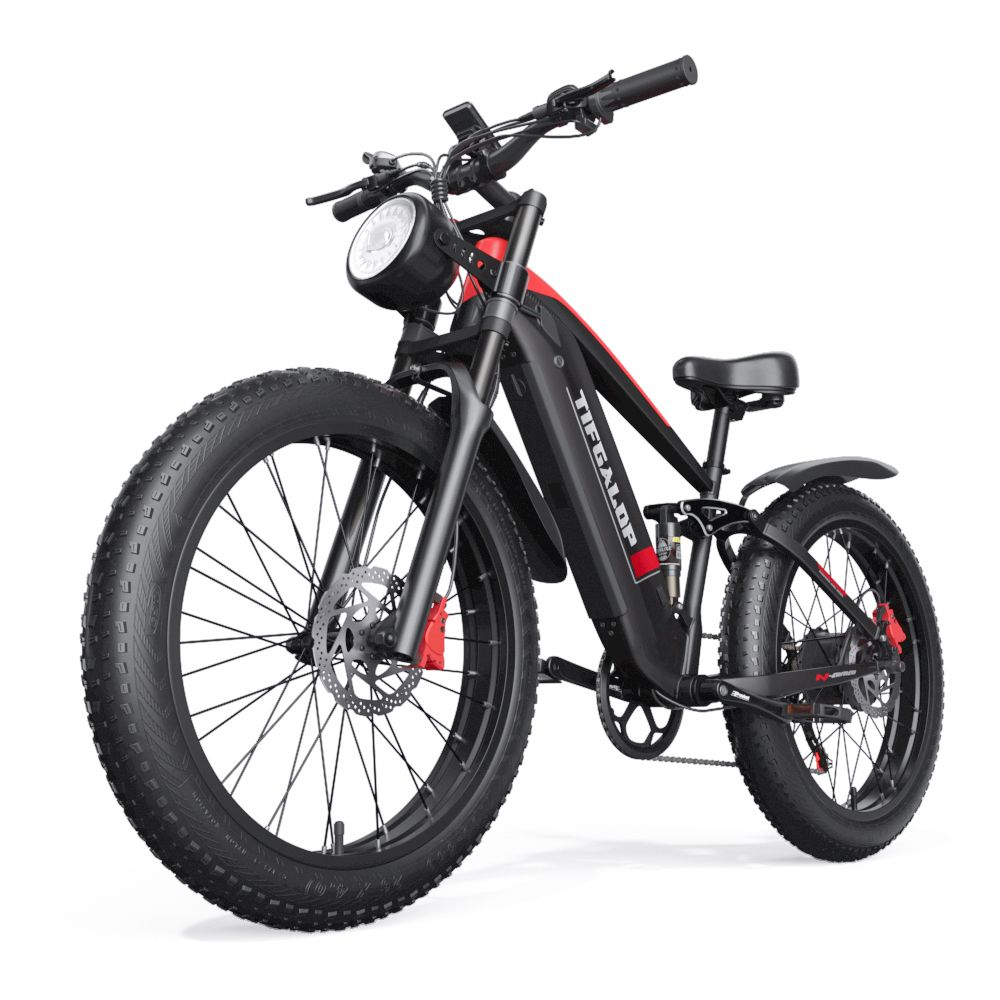 Zwarte elektrische fiets met rode accenten. Brede banden, koplamp. Zijaanzicht. Merk: TIFGALOP.