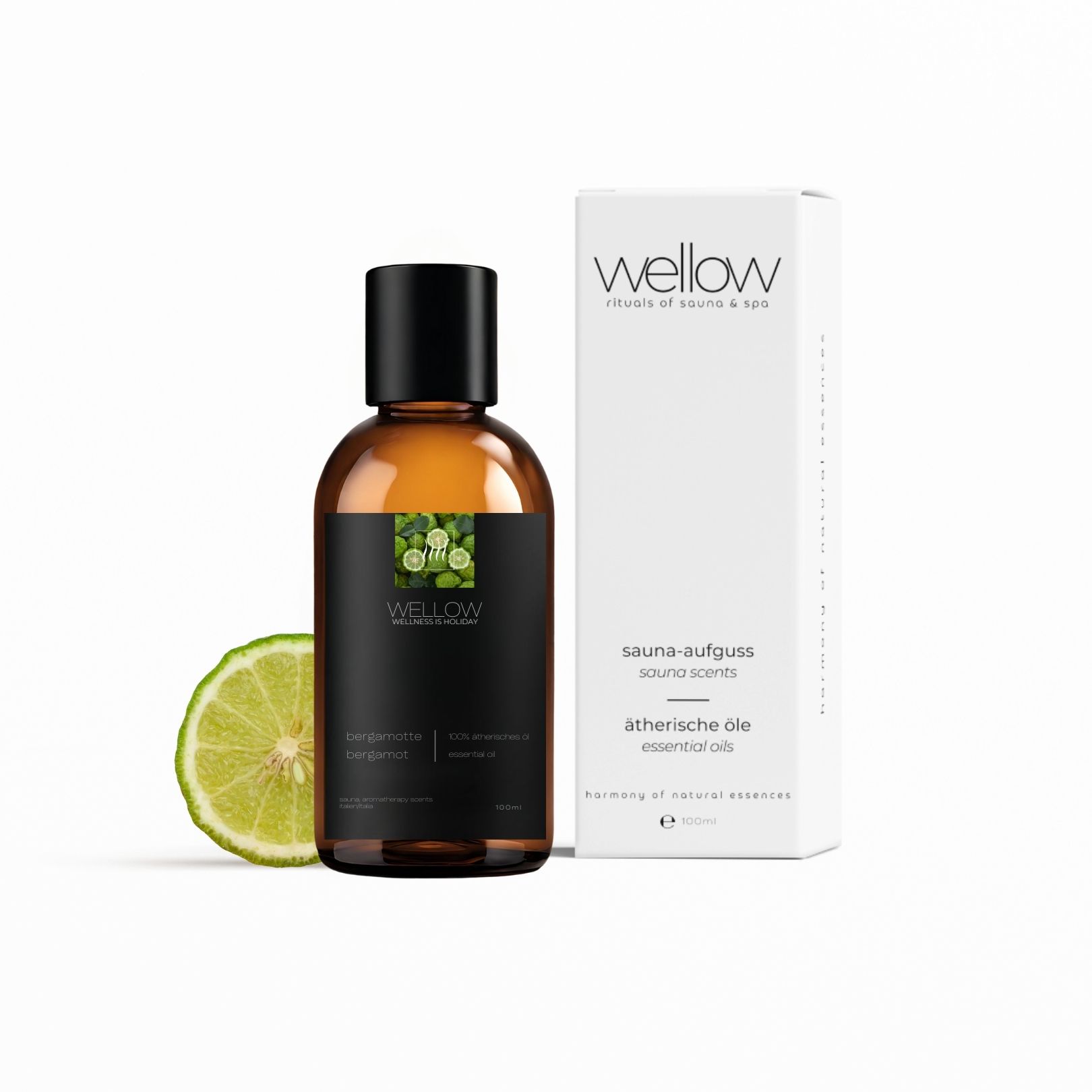 Bruine glazen fles met zwart etiket en groene illustraties. Daarnaast een witte verpakking en een halve bergamot.