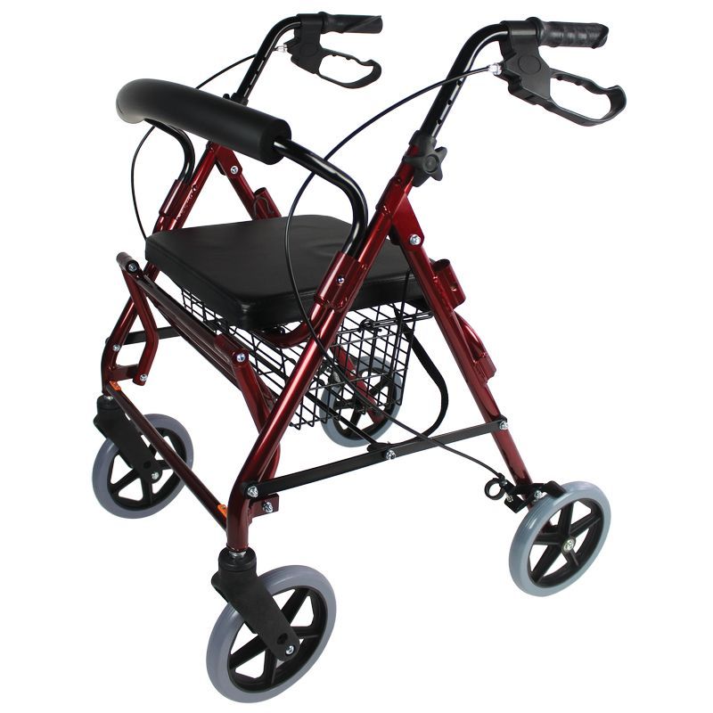 Rode rollator met dubbele functie, gewatteerde zitting, mand en remmen. Vier wielen.