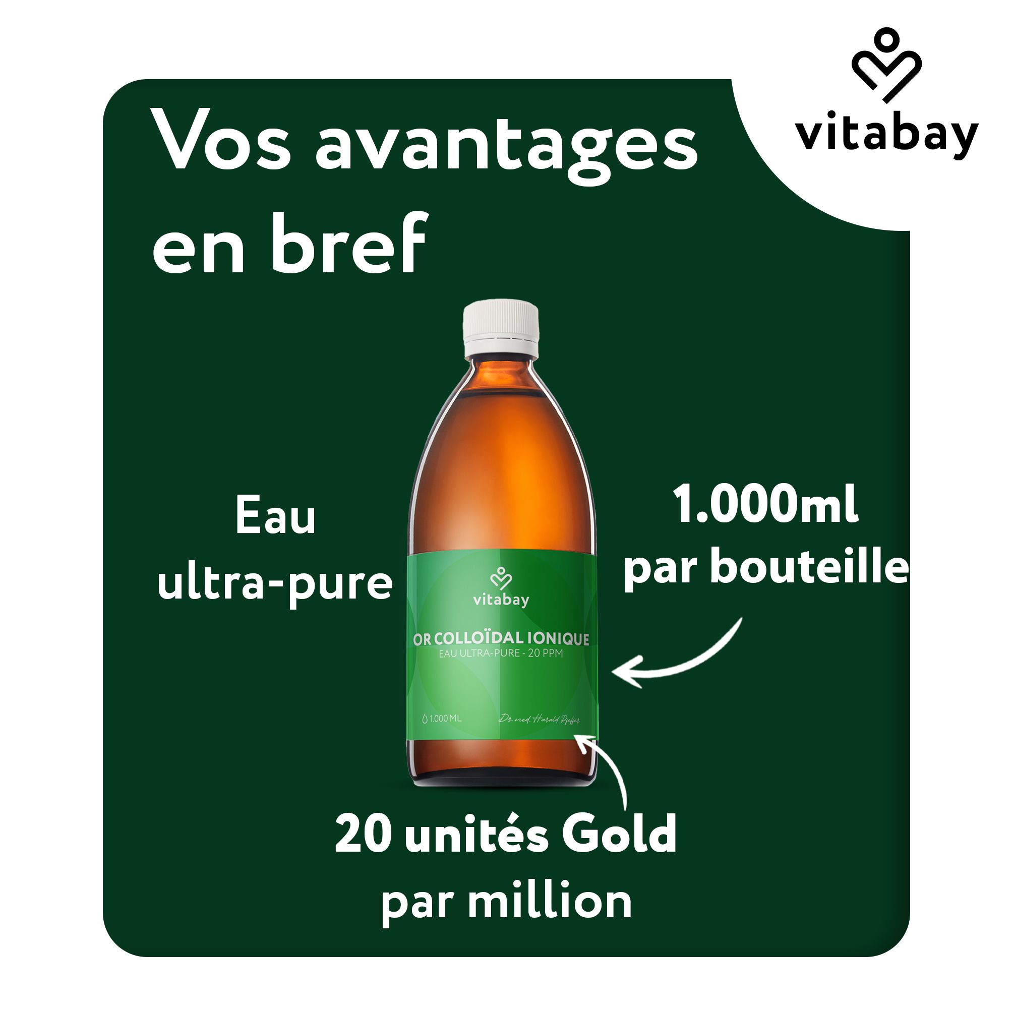 Fondateur de Vitabay avec deux bouteilles d'Or colloïdal. Icônes : Expérience médicale, Valeurs familiales, Sans expérimentation animale, Processus durables.