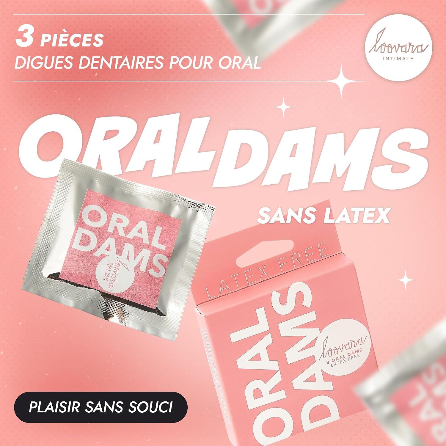 Trois oral dams sans latex dans un emballage rose.