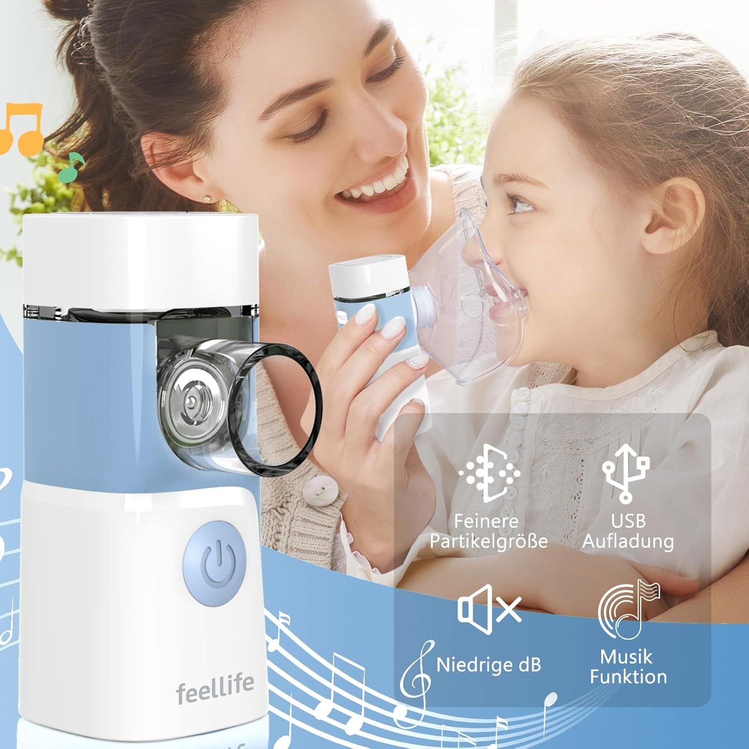 Femme et enfant avec nébuliseur. Appareil bleu et blanc, logo 'feellife'. Texte : Taille fine des particules, chargement USB, faible dB, fonction musique.