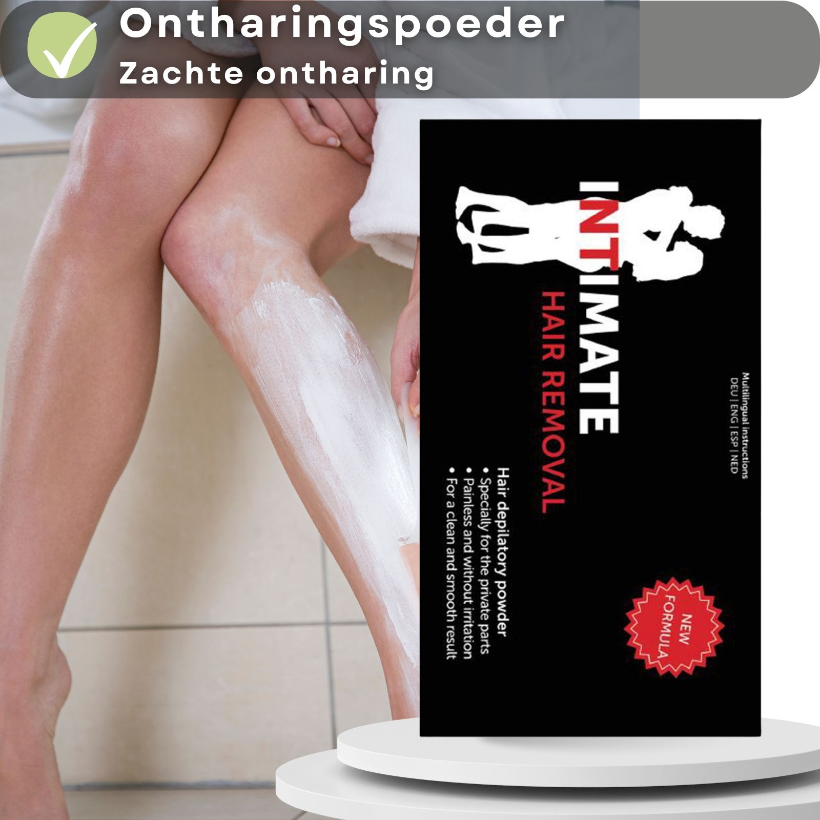 Verpakking Intimate Hair Removal. Been met ontharingspoeder. Veer. Tekst met info.