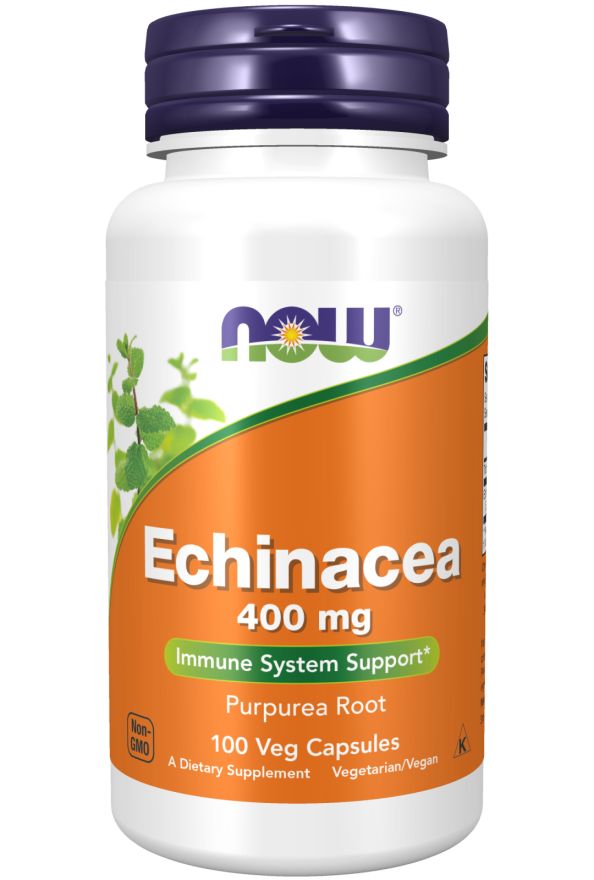 Flacon blanc avec étiquette orange. Inscription : Echinacea 400 mg, NOW. 100 gélules végétales.