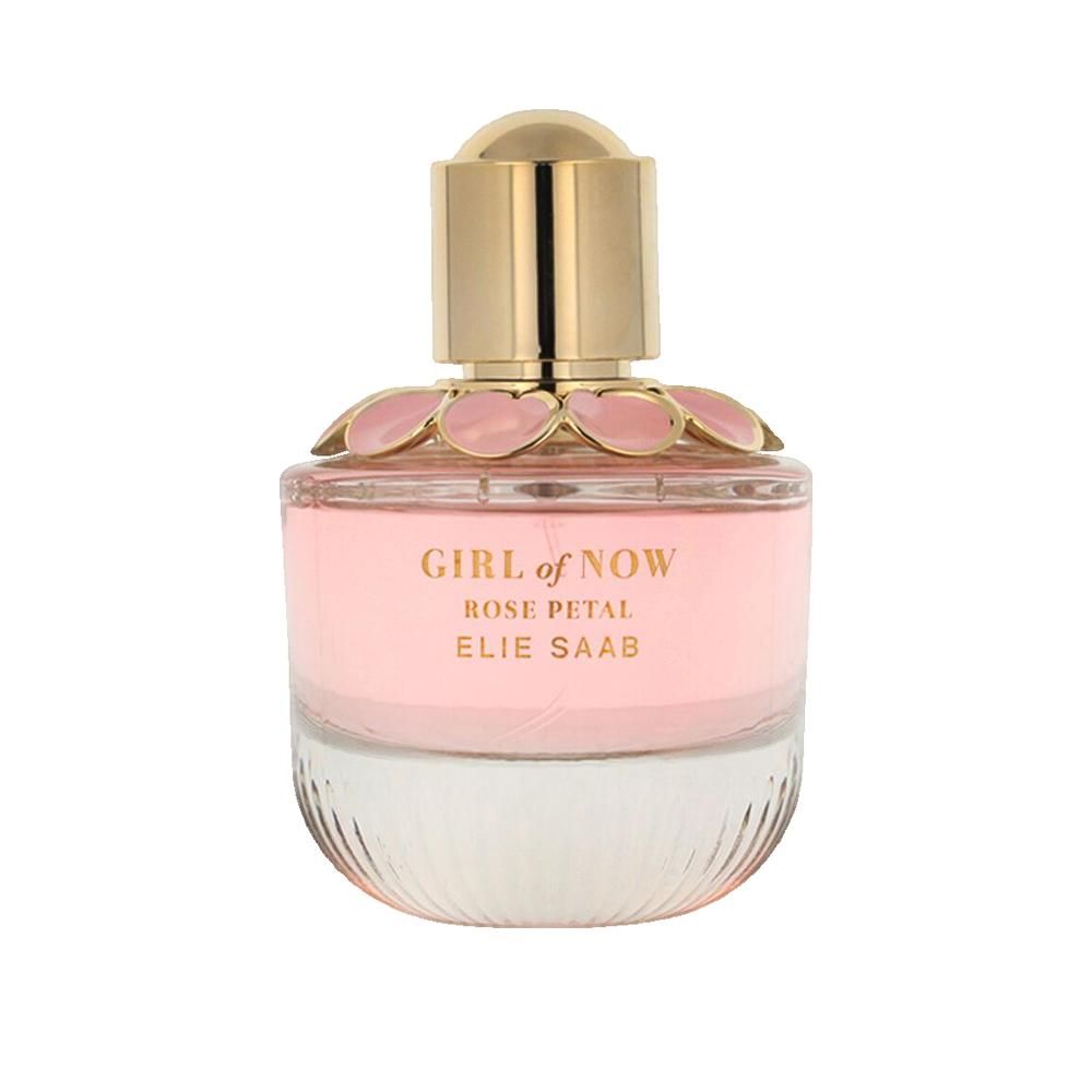 Flacon d'Elie Saab Girl of Now Rose Petal Eau de Parfum avec bouchon doré et applications de fleurs roses.