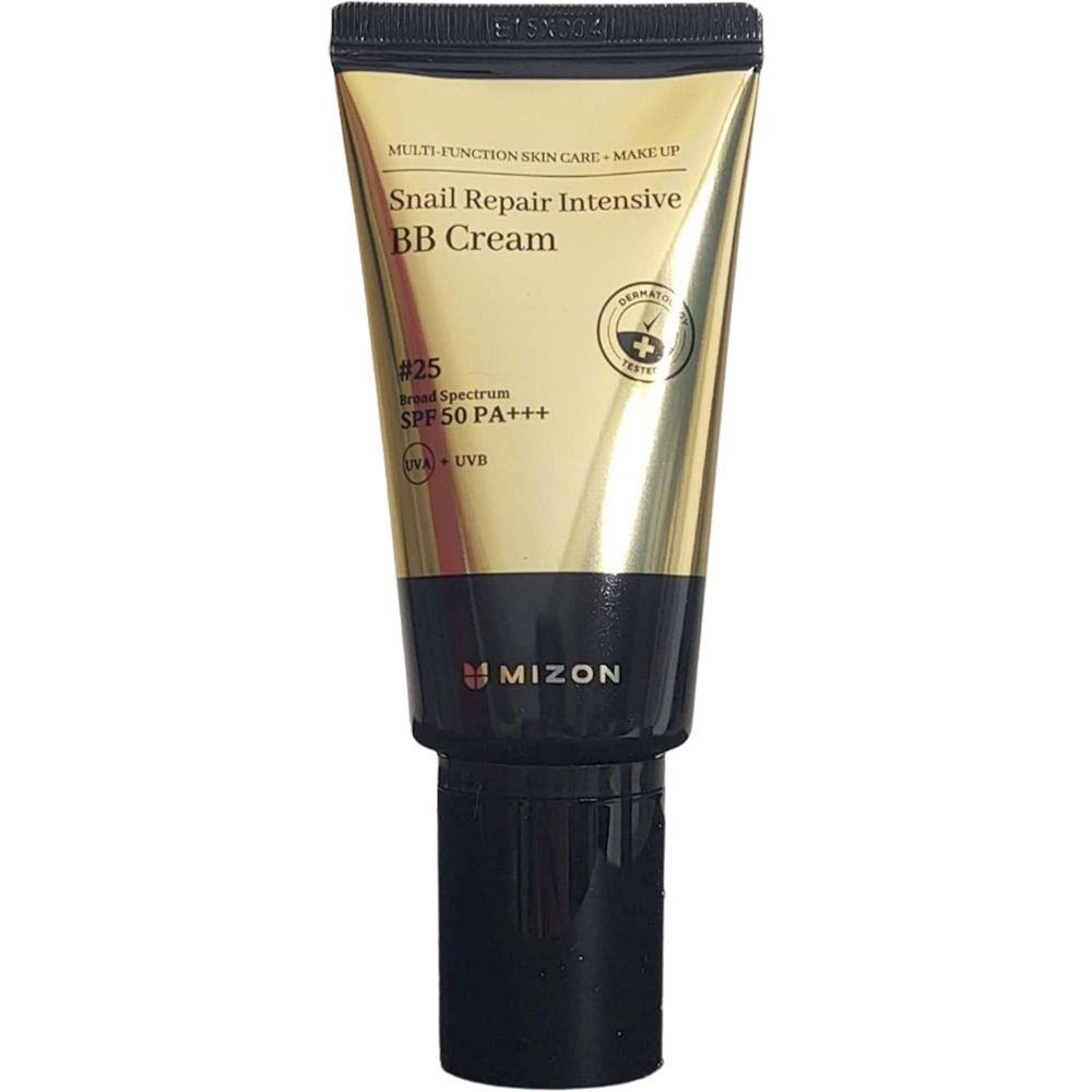 Gouden tube met zwarte dop. Opschrift: Snail Repair Intensive BB Cream SPF50+. Merk MIZON.