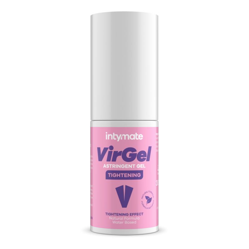 Cilindrische fles met witte dop. Roze etiket met paarse tekst: Intymate VirGel, Astringent Gel, Tightening. Onder: Tightening Effect, Natural Formula.