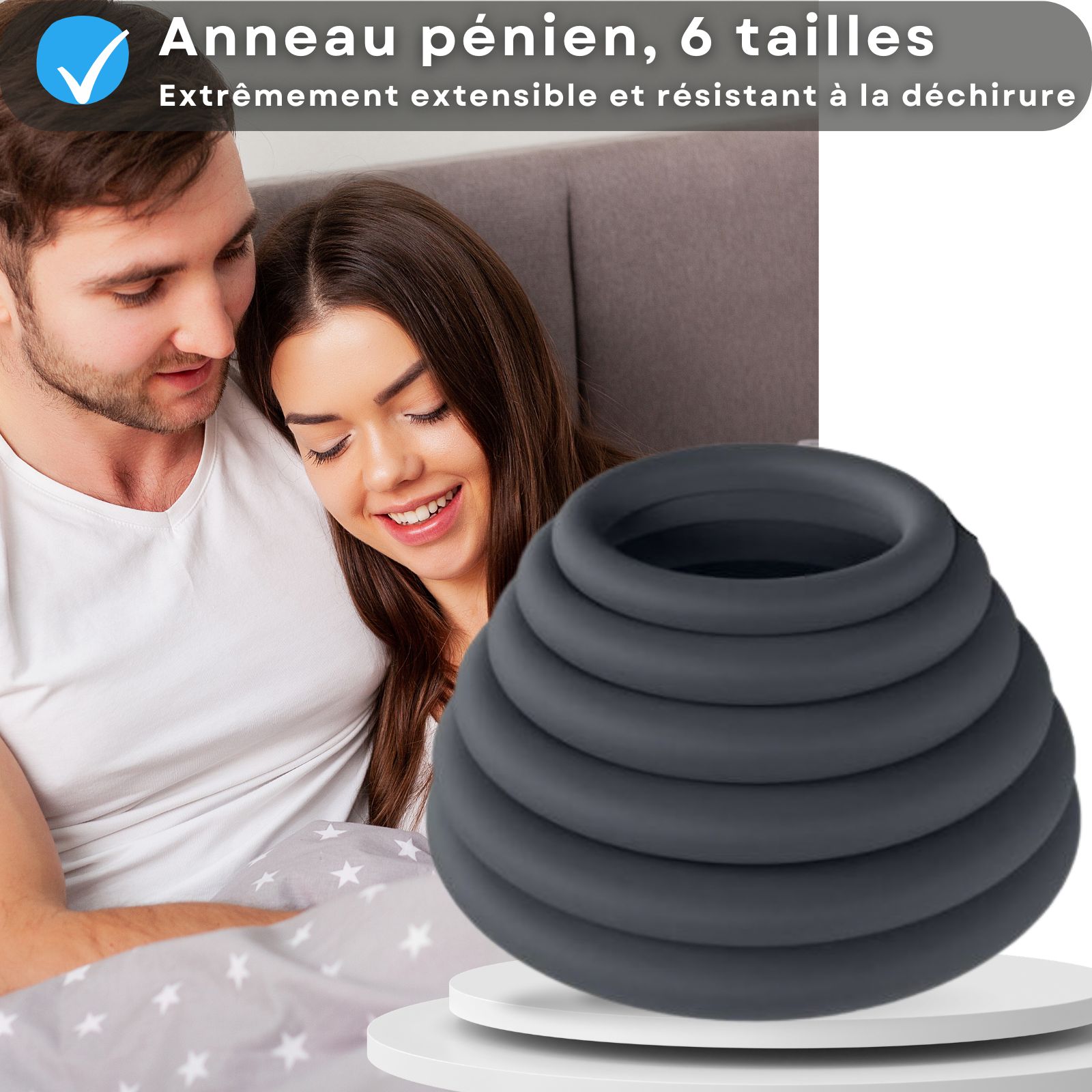 Ensemble d'anneaux péniens gris à 6 tailles, empilés.