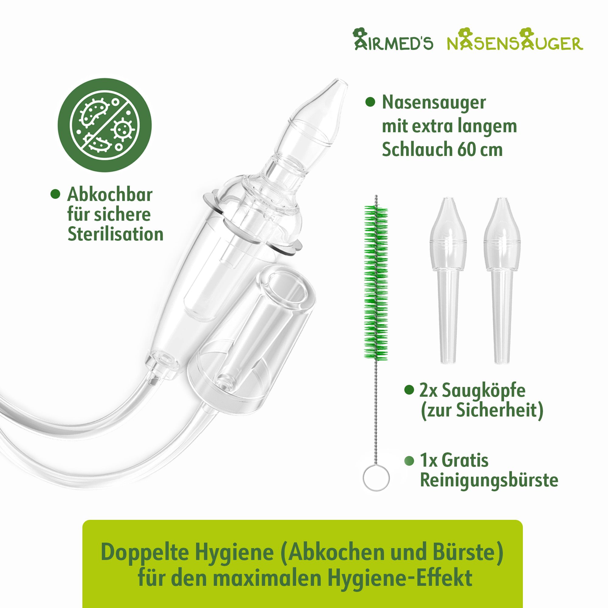 Double hygiène : Aspirateur nasal stérilisable avec tuyau de 60cm, 2 embouts et brosse.