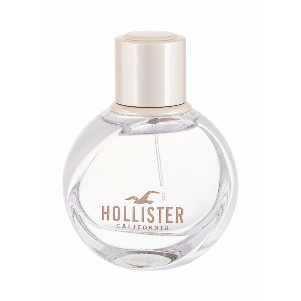 Ronde transparante flacon met zilveren dop. Opschrift: Hollister California. Wave-logo.