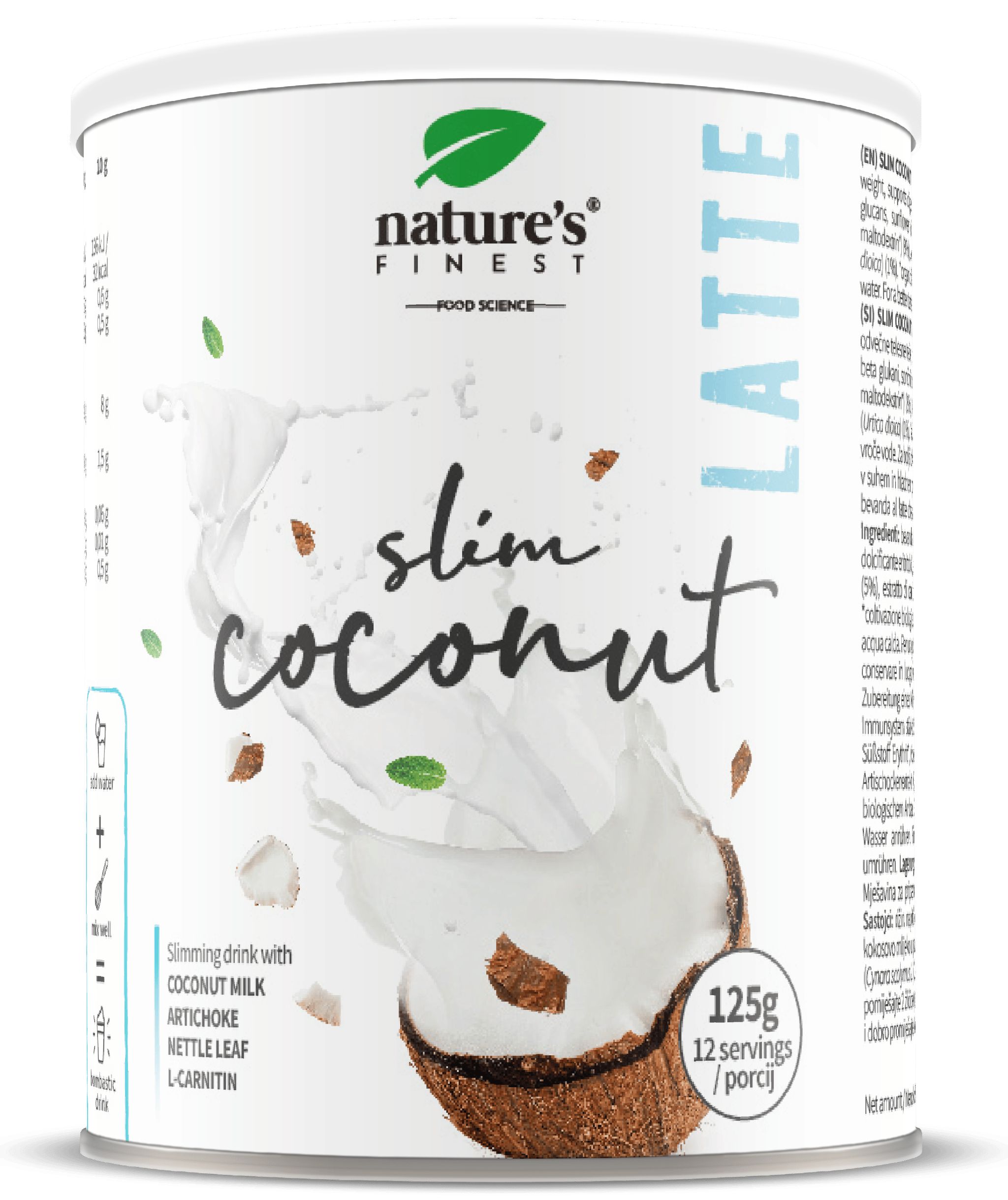 Boîte blanche Nature's Finest Slim Coconut Latte. Inscription : Slim Coconut, Latte, 125g, 12 portions. Ingrédients : lait de coco, artichaut, feuille d'ortie, L-carnitine.