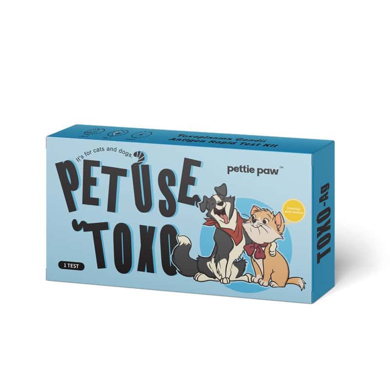 Verpakking van een Toxoplasma gondii antigeen sneltestkit voor honden en katten met illustraties van hond en kat.