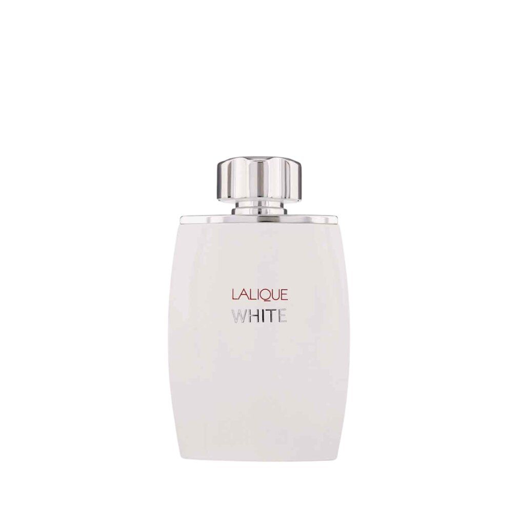Flacon blanc. Inscription: Lalique White. Flacon avec bouchon argenté.