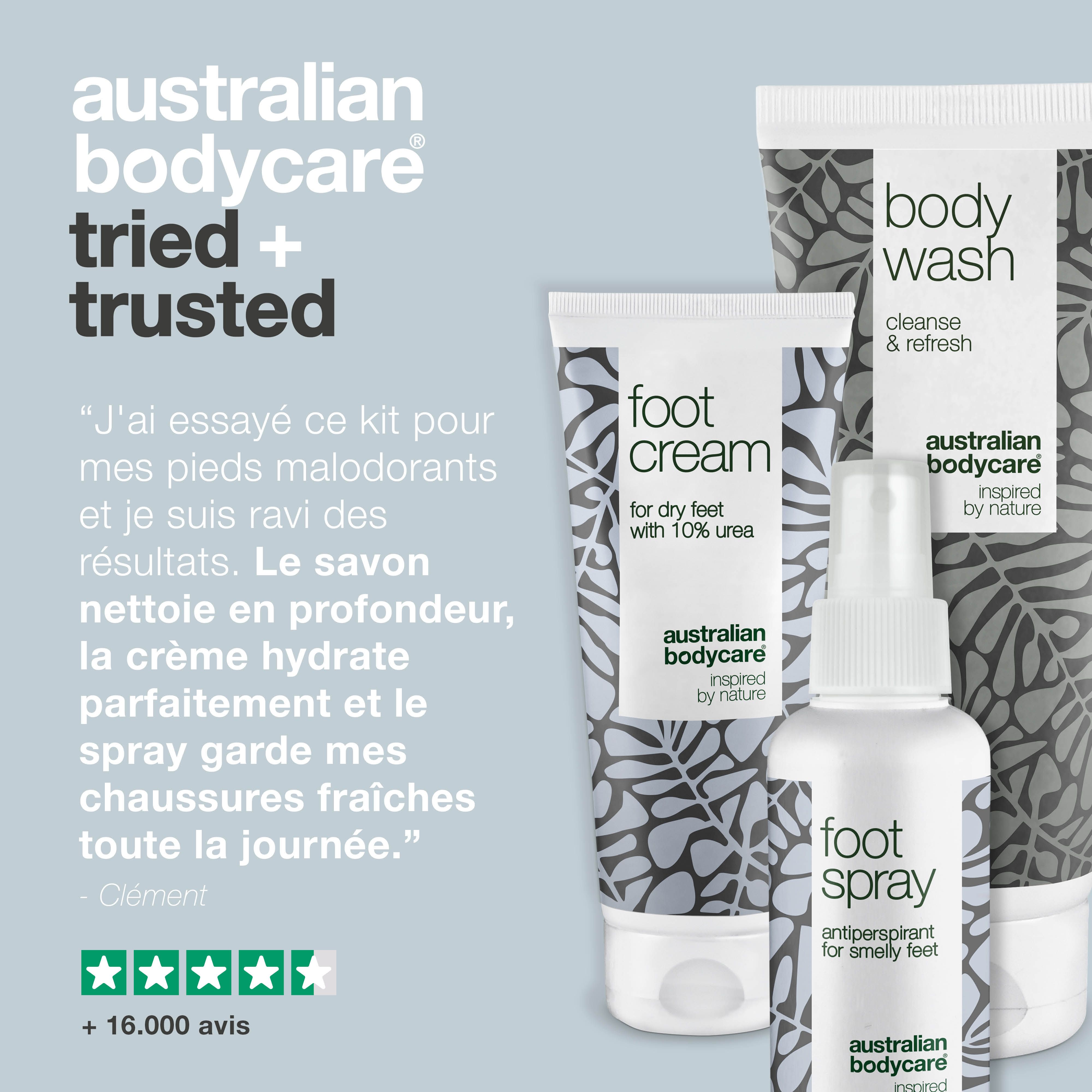 Trois produits : gel douche, crème pour les pieds, spray pour les pieds. Texte : Australian Bodycare, Tried + Trusted. Vert.