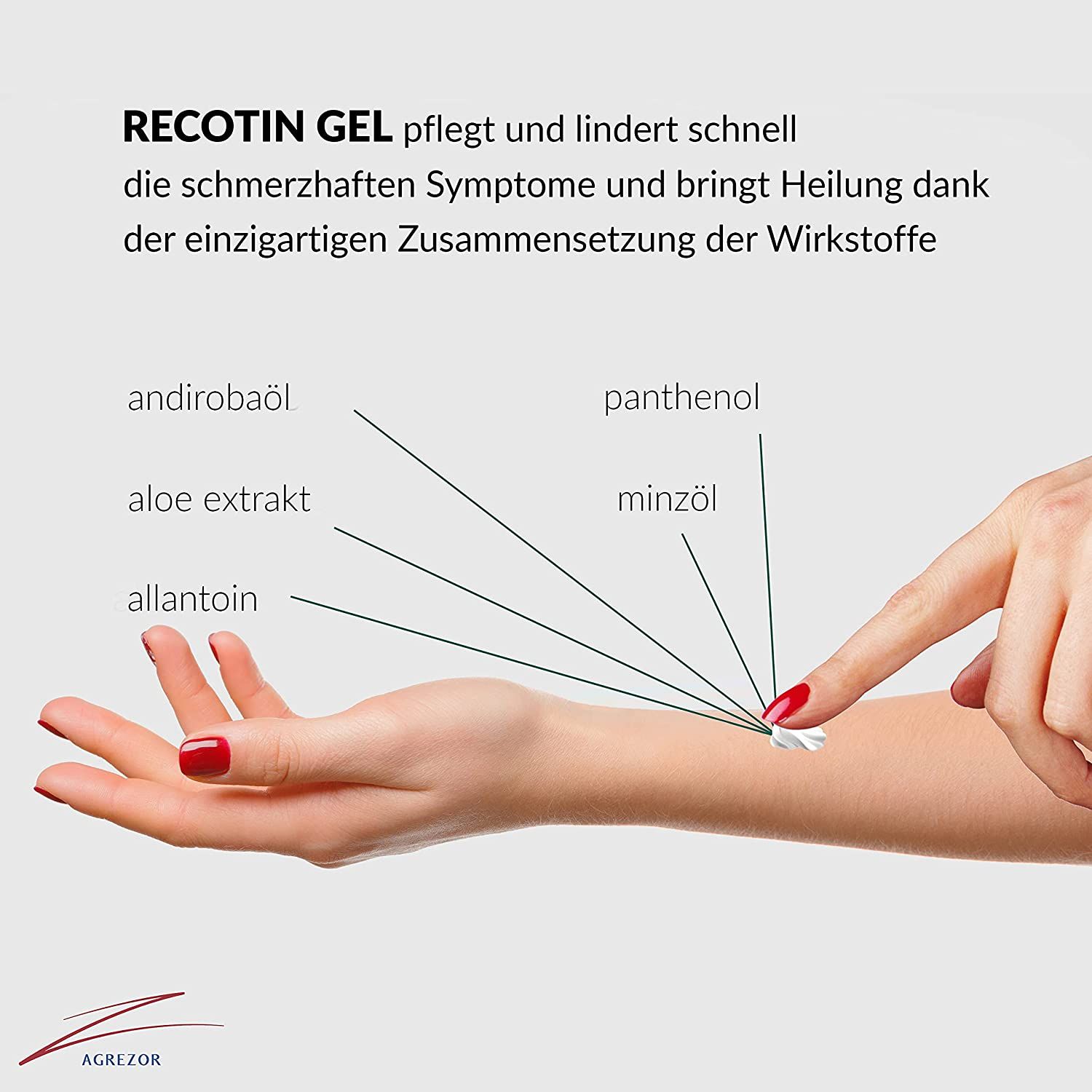 Hand met rode nagellak. Op de hand: gel. Tekst: Recotin Gel verzorgt en verzacht snel. Actieve ingrediënten: andiroba-olie, aloë-extract, panthenol, pepermuntolie, allantoïne.
