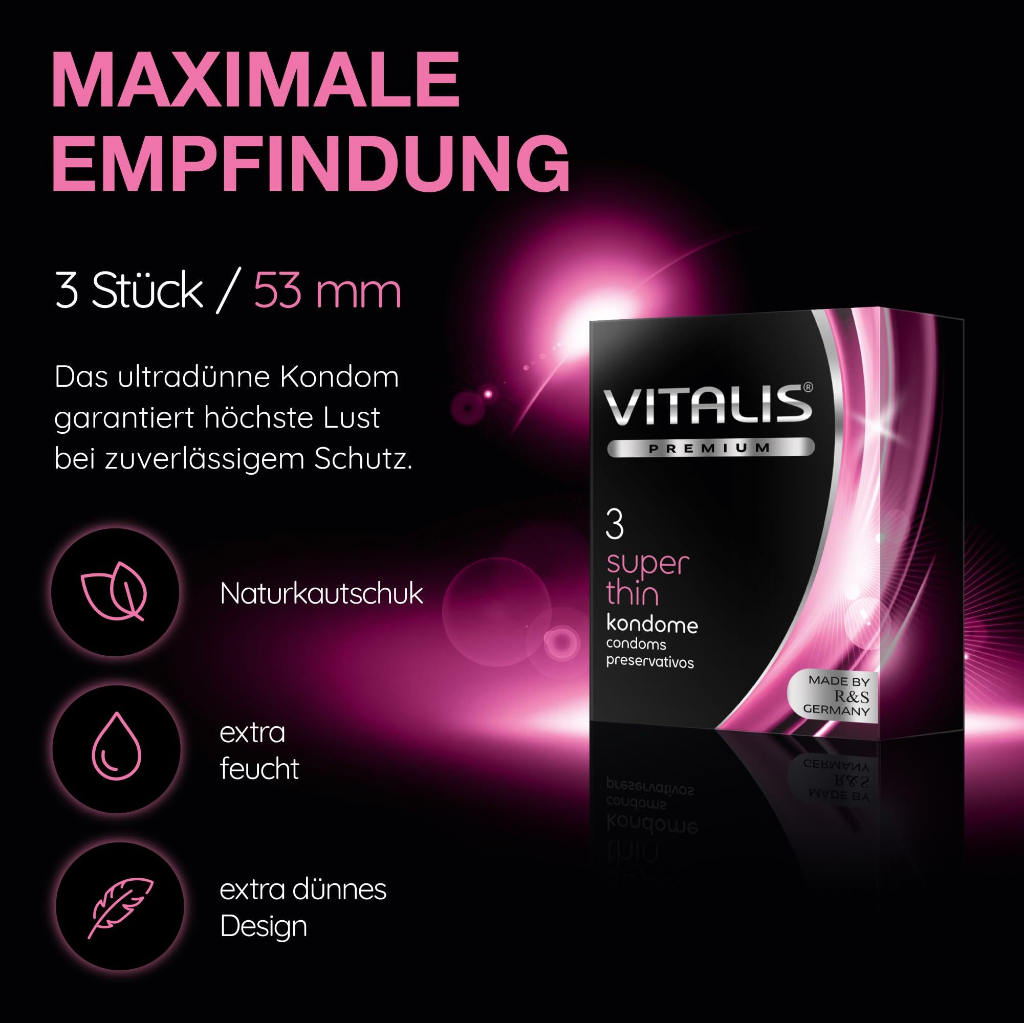 Préservatifs Vitalis PREMIUM Super Thin : 3 unités, largeur 53 mm. Latex naturel, extra lubrifié, design ultra-fin.