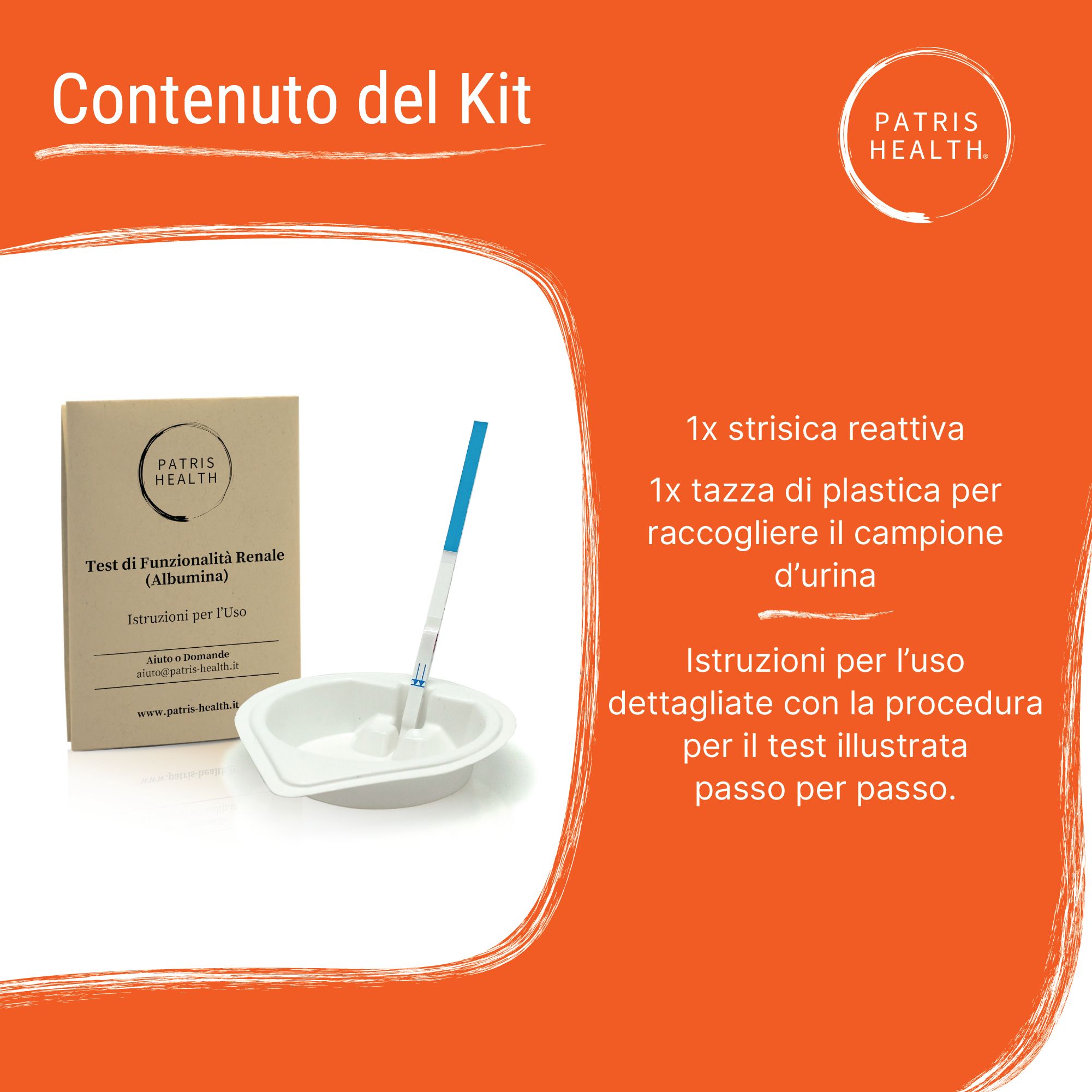 Inhoud van de Patris Health® zelftestkit: teststrip, beker, gebruiksaanwijzing.