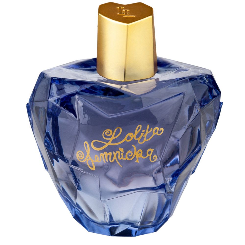 Blauwe fles met gouden dop. Opschrift "Lolita Lempicka". Geometrische vorm.
