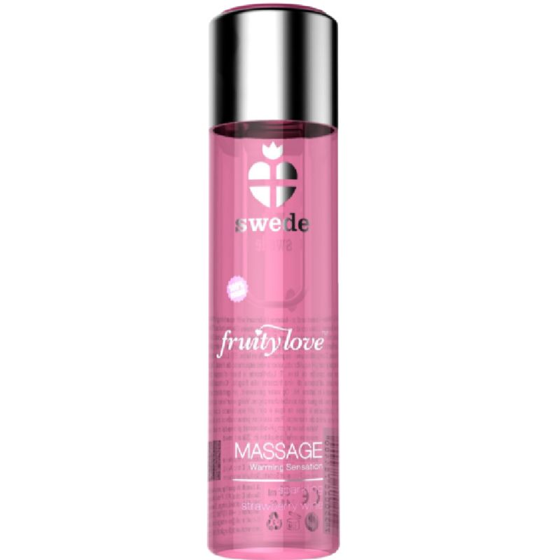 Huile de massage rose dans une bouteille transparente avec un bouchon argenté. Marque : swede, Produit : fruity love.