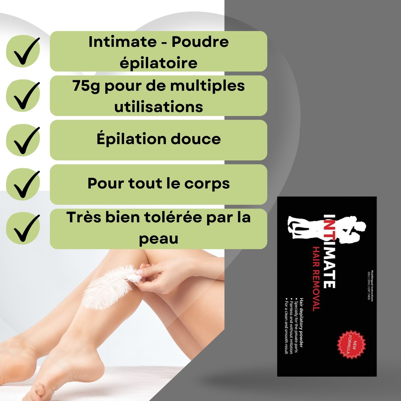 Emballage Intimate Hair Removal. Jambe avec poudre dépilatoire. Plume. Texte avec informations.