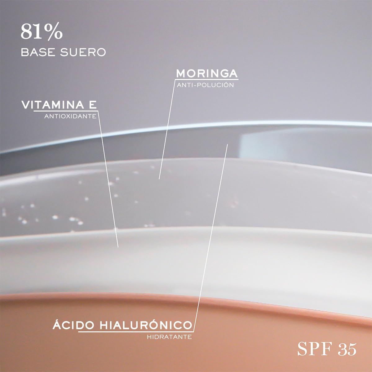 Grafische weergave van foundation ingrediënten. Vitamine E, hyaluronzuur en Moringa.
