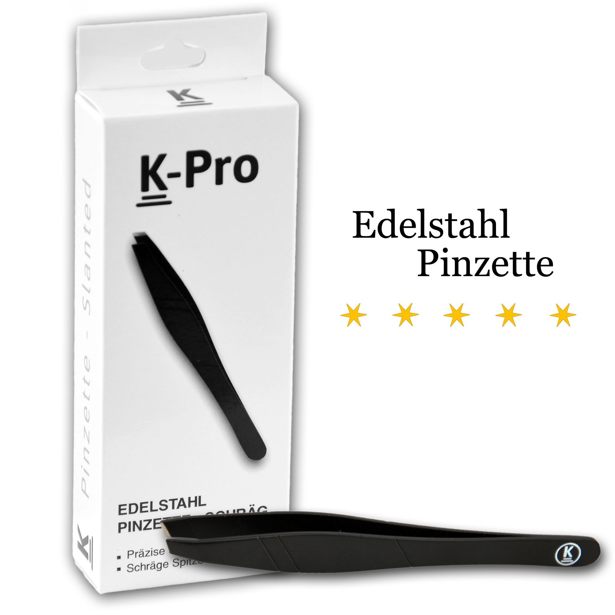 Verpakking en zwart roestvrijstalen pincet met schuine punt. K-Pro logo.