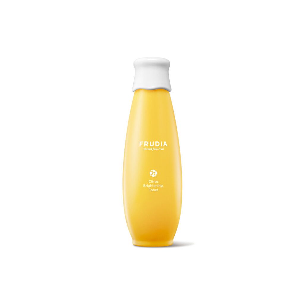 Gele fles met witte dop, FRUDIA Citrus Brightening Toner opschrift.