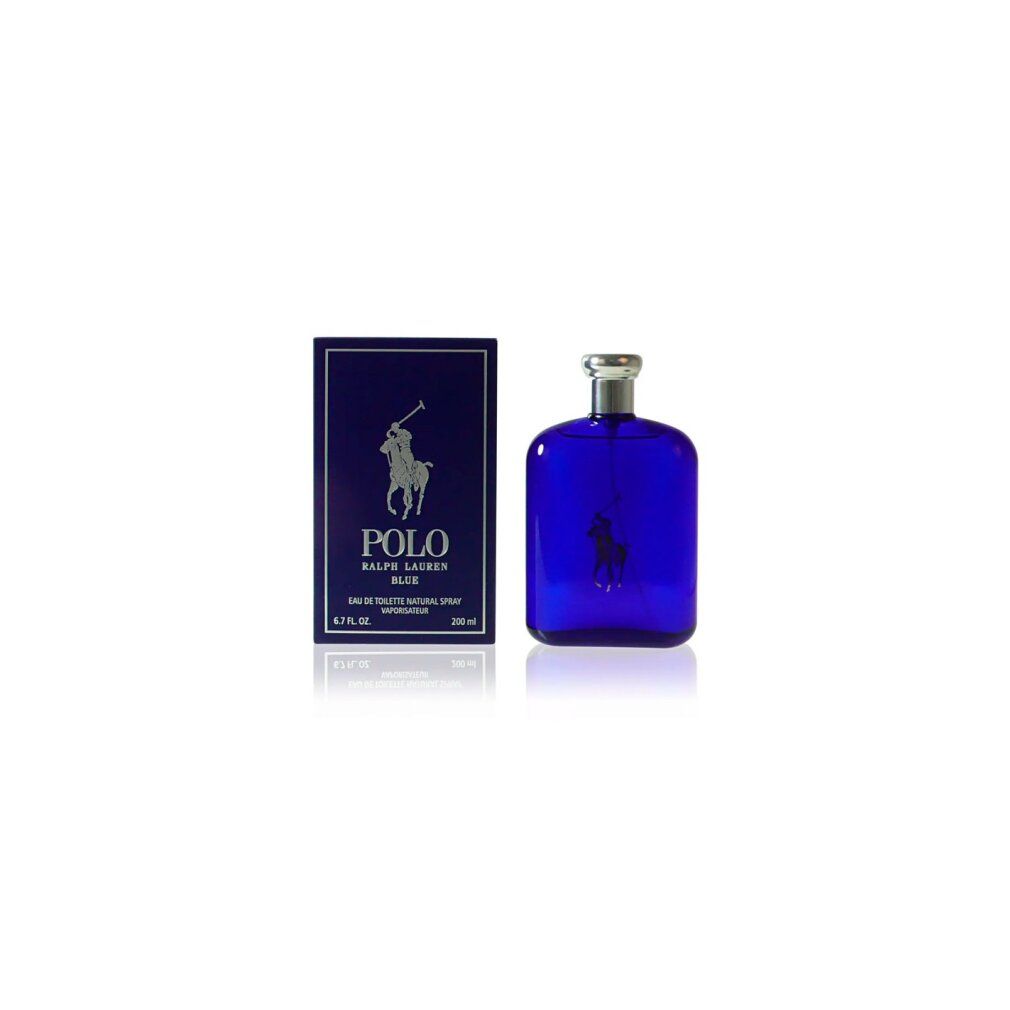 Flacon de parfum bleu avec bouchon argenté et emballage rectangulaire. Inscription : POLO RALPH LAUREN BLUE.