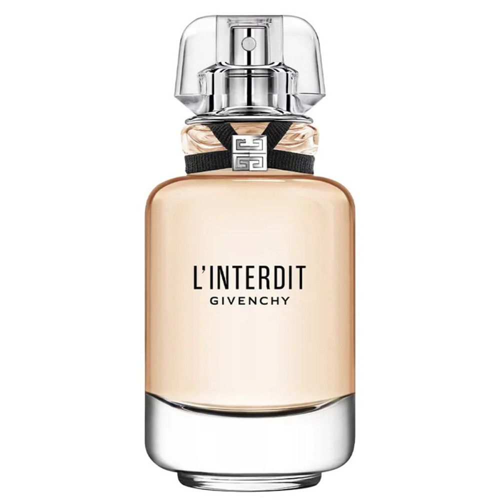 Flacon Givenchy L'Interdit Eau de Toilette. Bouchon transparent, ruban noir. Flacon avec contenu rose.