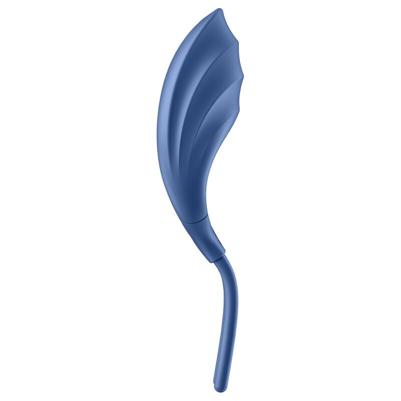 Un masseur bleu incurvé avec une surface côtelée.
