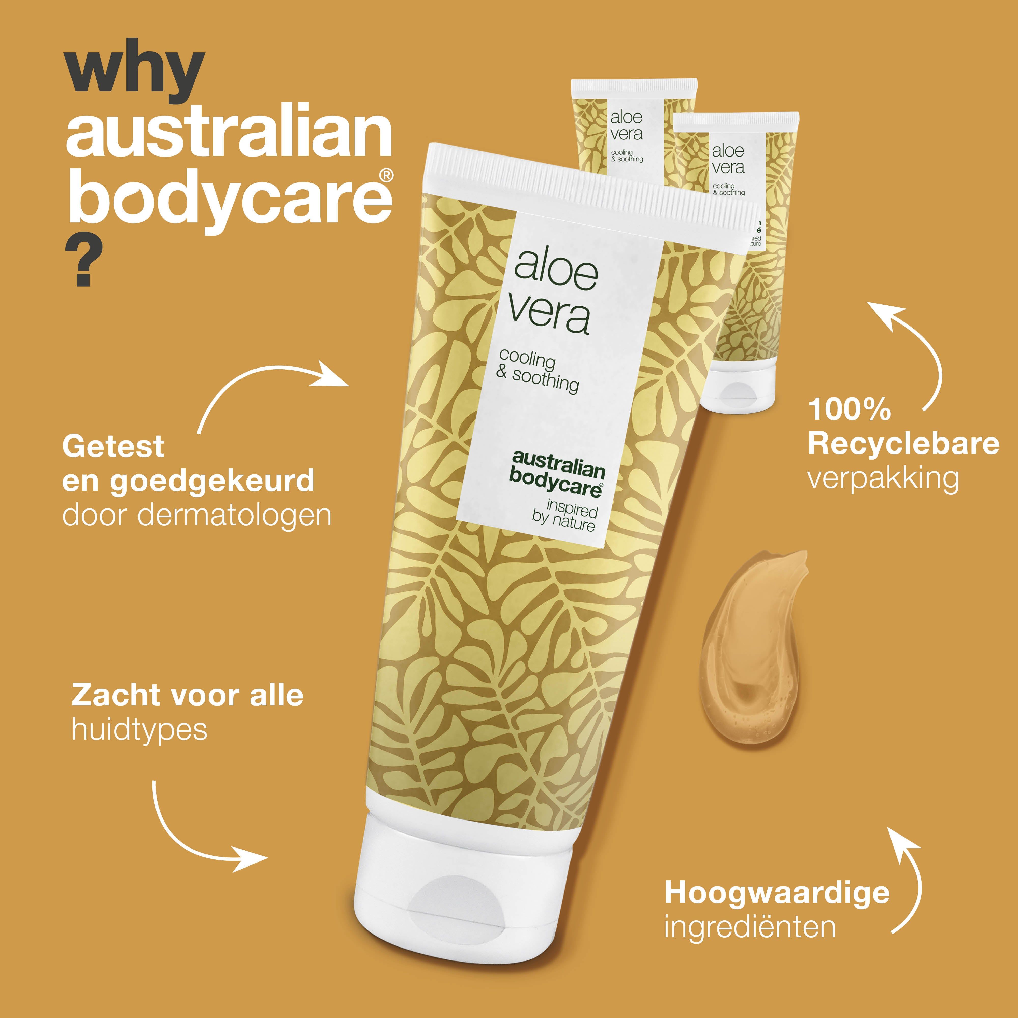 Australian Bodycare Aloë Vera gel. Getest, goedgekeurd door dermatologen. 100% recyclebare verpakking. Hoogwaardige ingrediënten.