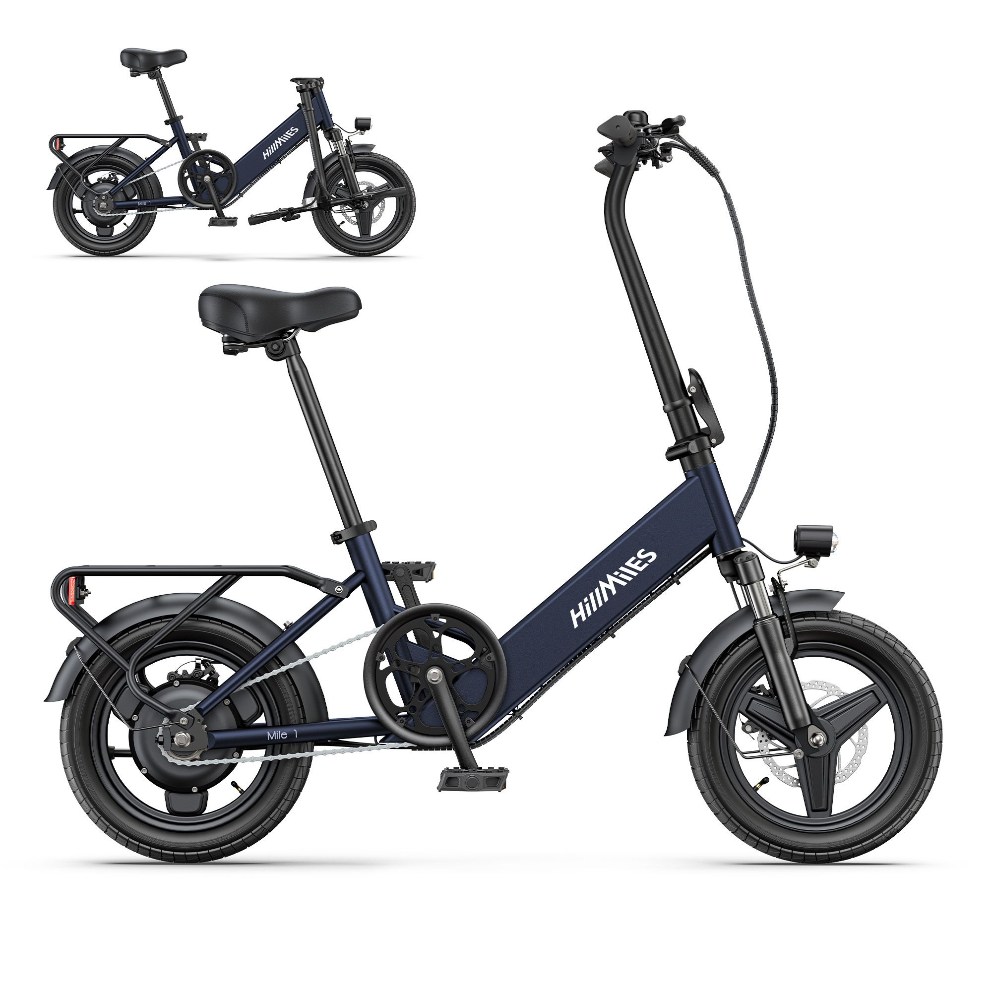 Vélo électrique pliable bleu foncé, porte-bagages et phare. Marque HillMiles visible. Seconde vue en haut à gauche.