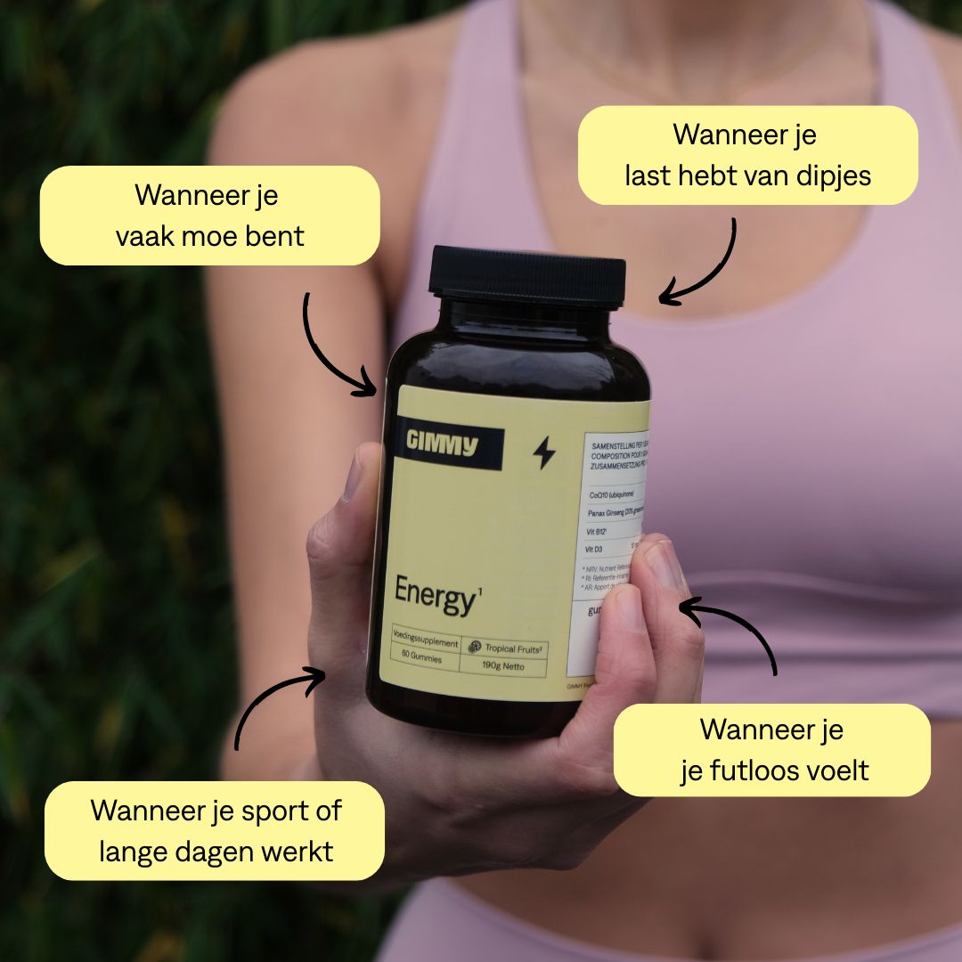 Vrouw houdt fles. Tekst: Als je vaak moe bent, Als je je lusteloos voelt, Als je sport.