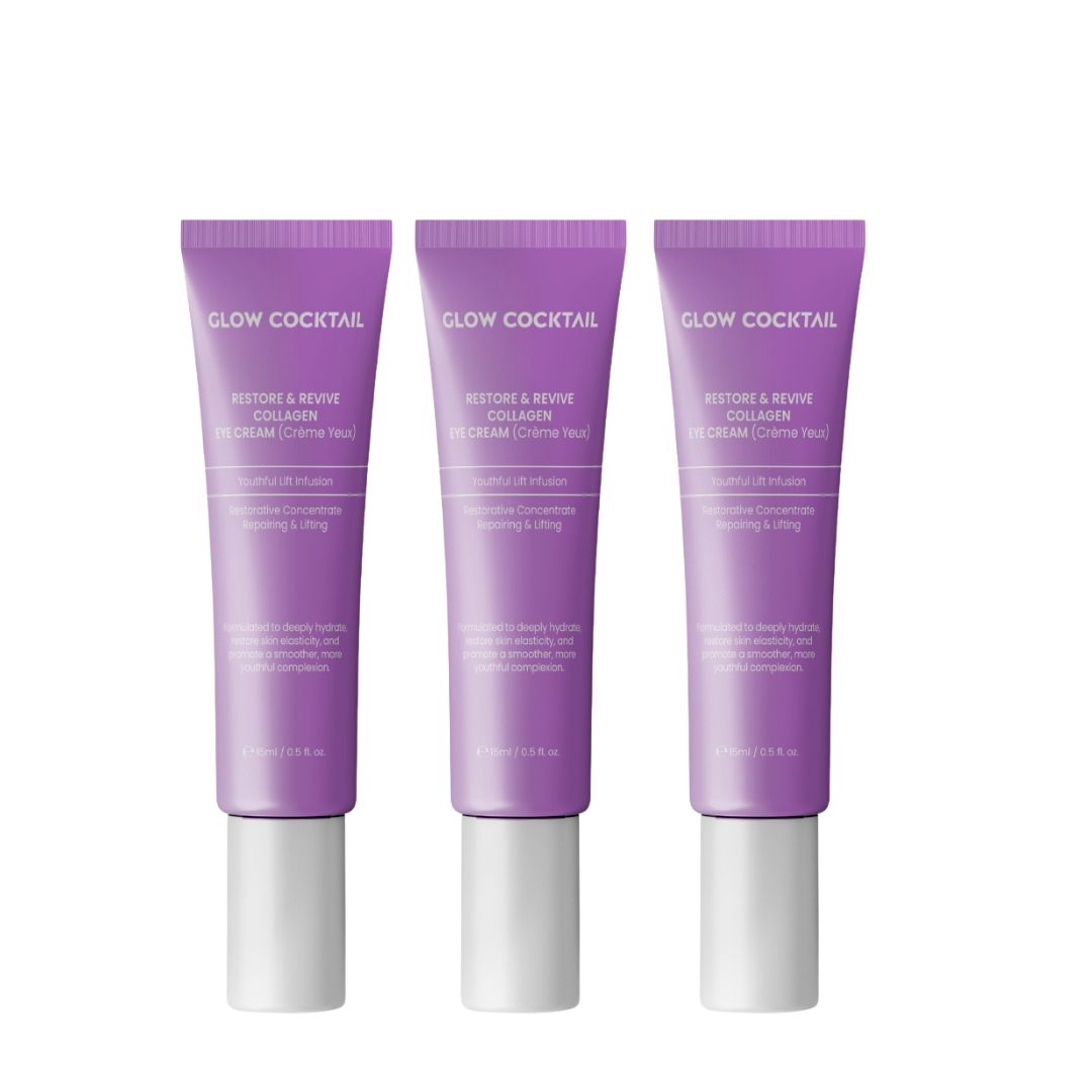 Trois tubes de crème pour les yeux. Tubes violets avec bouchons blancs. Inscription : GLOW COCKTAIL, RESTORE & REVIVE COLLAGEN EYE CREAM.