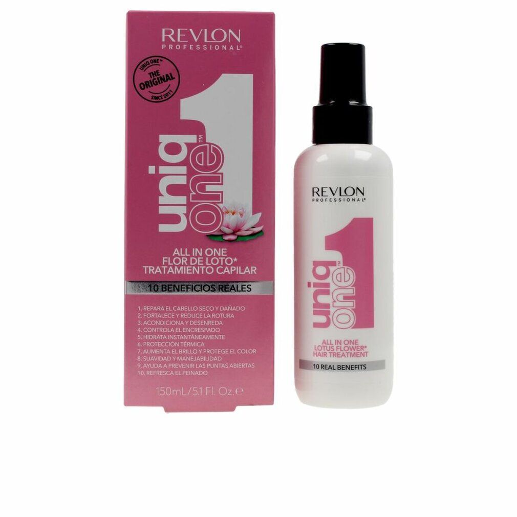 Emballage et flacon roses. Flacon blanc avec bouchon noir. Texte: Uniq One, All in One Lotus Flower Hair Treatment.