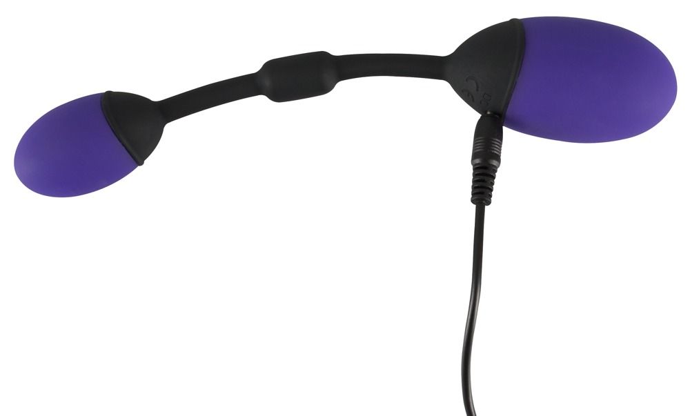 Twee paarse eivormige objecten, verbonden door een zwarte flexibele steel met een kabel.