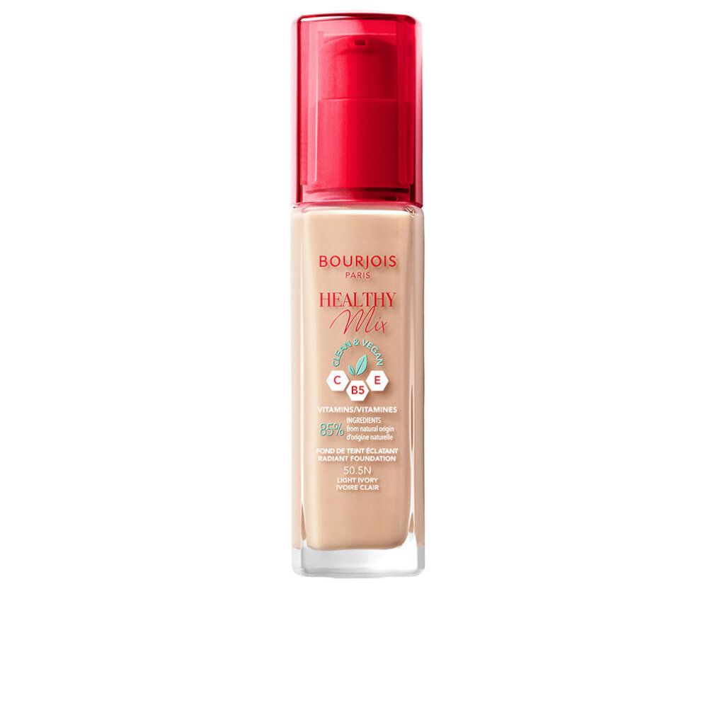Foundationflesje met rode pomp. Bourjois Healthy Mix. Kleur: 50,5N Light Ivory. Vitaminen en ingrediënten.