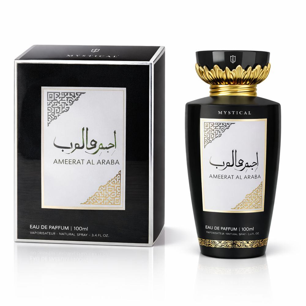 Zwarte fles en doos. Gouden details. Opschrift: Mystical, Ameerat al Araba. Eau de Parfum.