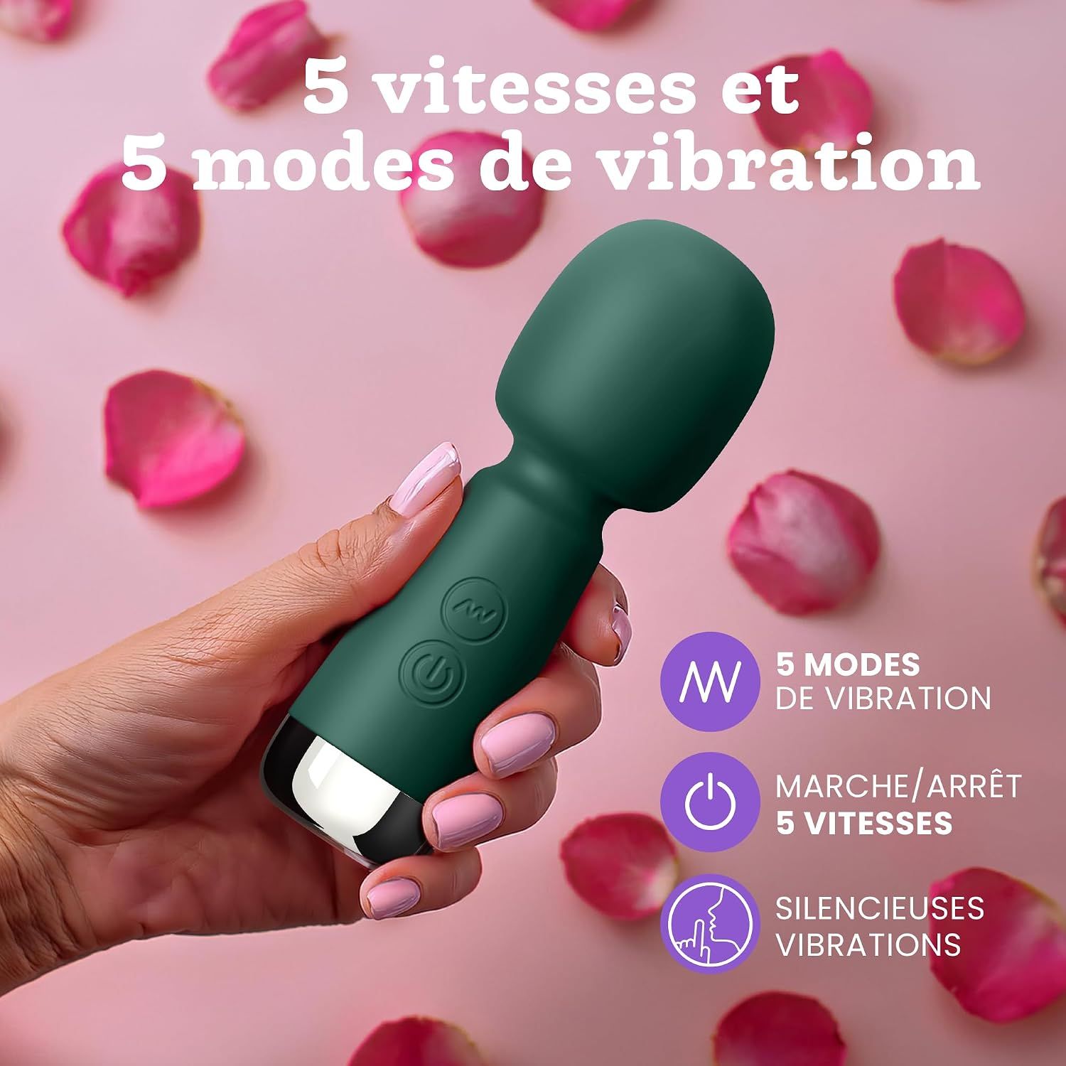 Vibrateur vert foncé avec capuchon argenté, 5 modes de vibration et 5 vitesses.