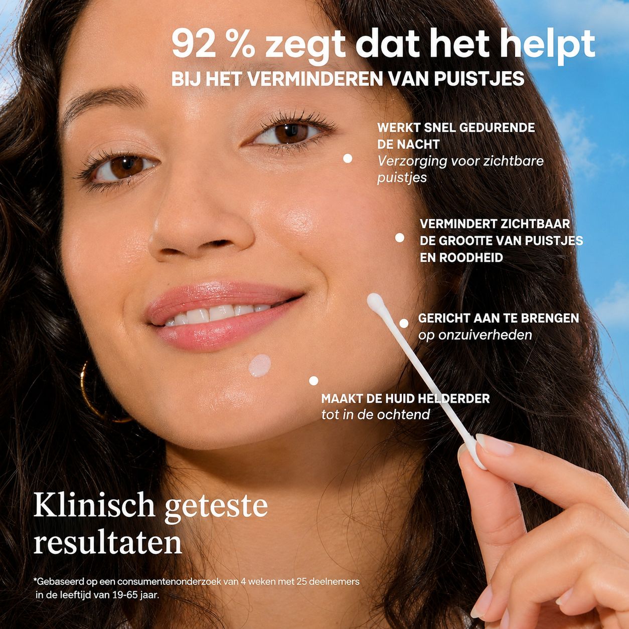 Flesje Drying Lotion, wattenstaafje en druppels met tekst.