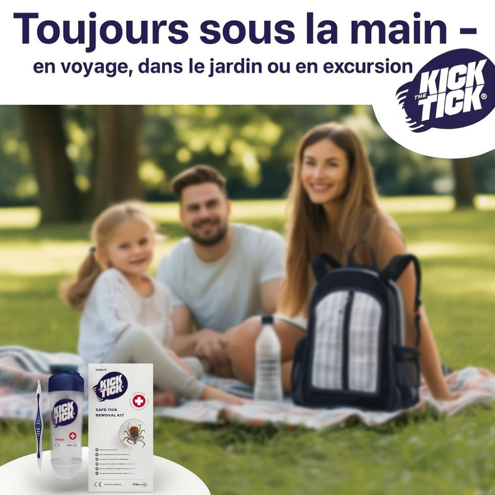Famille dans un parc. Produit : Kick the Tick, kit d'extraction de tiques. Contient spray et pince. Texte : Toujours sous la main.